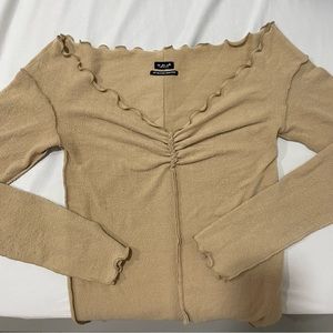 Urban Outfitters Tan Womens Long Sleeve Ruffled V Neck